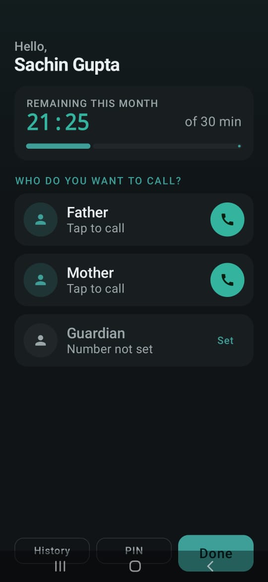 ExeDial calling screen showing contacts and remaining minutes